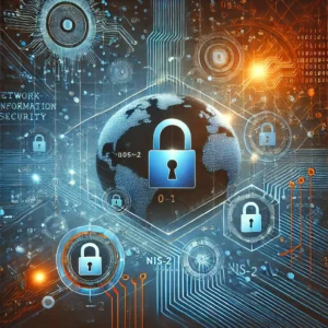 DALL·E 2024-10-24 14.12.21 - A square image themed around NIS-2 (Network and Information Security Directive). The scene is primarily set in shades of blue, symbolizing digital sec